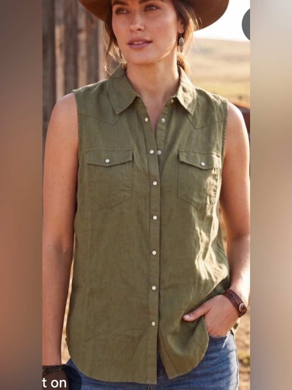 Sundance 100% linen NWOT army green western tank top pearl snap buttons PXL